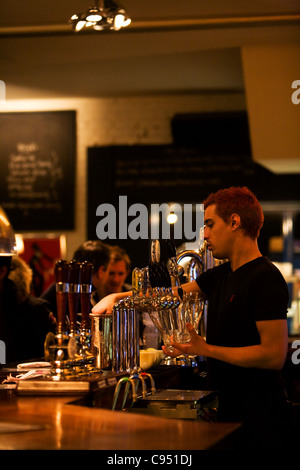Barkeeper serviert Getränke im Pub. Stockfoto