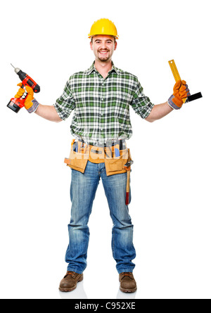 lächelnde kaukasischen Handwerker mit Werkzeugen Stockfoto