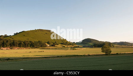 Herrock Hill (links) auf dem Offa's Dyke Path in der Nähe von Kington, Herefordshire, Großbritannien, an einem schönen Sommerabend von Burfa aus gesehen Stockfoto