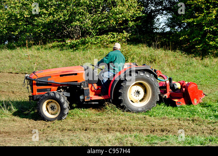 Kleiner Bauernhof Traktor Busch Beschlag auf einer Wiese in Trentino Alto Adige. Italien Stockfoto