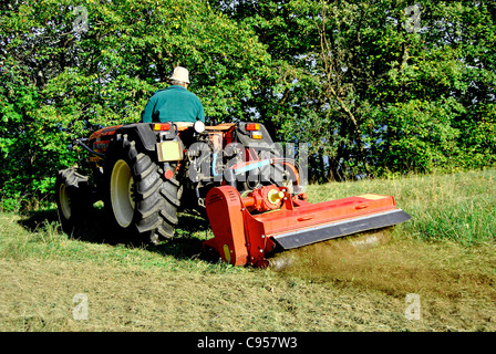 Kleiner Bauernhof Traktor Busch Beschlag auf einer Wiese in Trentino Alto Adige. Italien Stockfoto