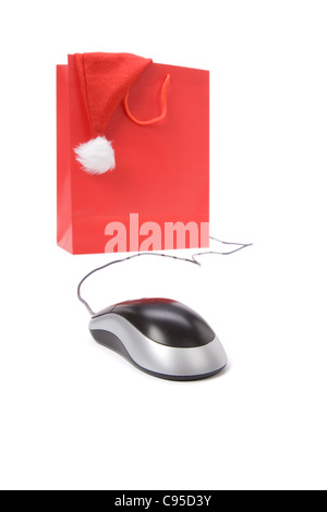 Isolierte Einkaufstasche und Computer-Maus, Konzept des e-Commerce Stockfoto