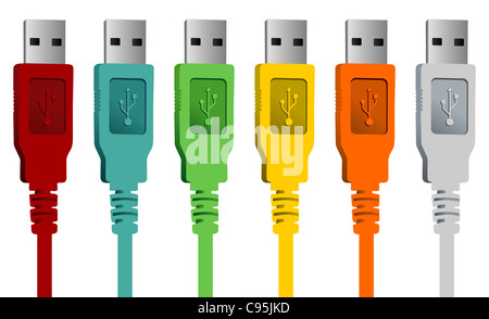 Satz von USB-Kabel in verschiedenen Farben, die isoliert auf weißem Hintergrund. Vektor-Datei zur Verfügung. Stockfoto