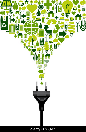 Ökologische Symbole inmitten Splash Grün von elektrischer Energie Zündkabel auf weißem Hintergrund. Vektor-Datei zur Verfügung. Stockfoto