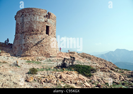 Touristen, die in der Tour de Turghiu, einer alten genuesischen fort und Wachturm über dem Golfe de Porto an der Westküste der Insel Korsika, Frankreich. Stockfoto