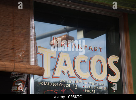 Frühstück Tacos unterzeichnen in Austin, Texas Stockfoto