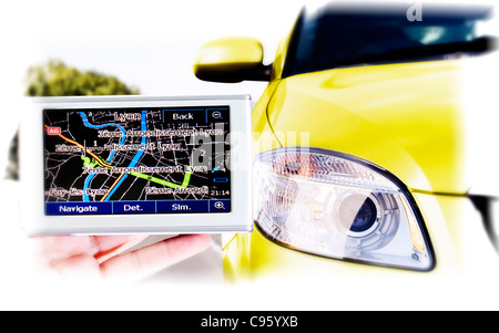 GPS in der Hand eines Mannes. Finde deinen Weg! Stockfoto