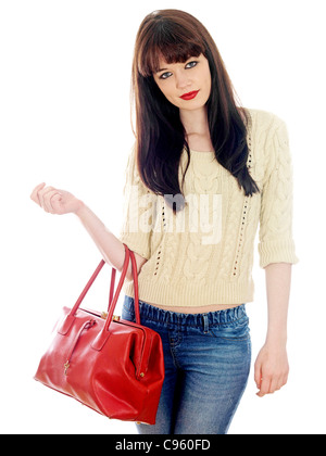 Junge Frau mit einem roten Handtasche. Model Released Stockfoto