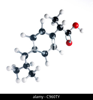 Ibuprofen-Molekül. Atome als Kugeln dargestellt werden und sind farblich gekennzeichnet: Kohlenstoff (schwarz) Wasserstoff (weiß) und Sauerstoff (rot). Stockfoto