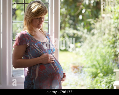 Schwangere Frau. Sie ist 35 Wochen schwanger. Stockfoto