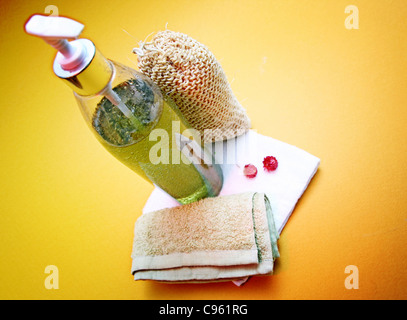 Sammlung von Dusche, Bad, Wellness und Schönheit Produkte einsatzbereit Stockfoto