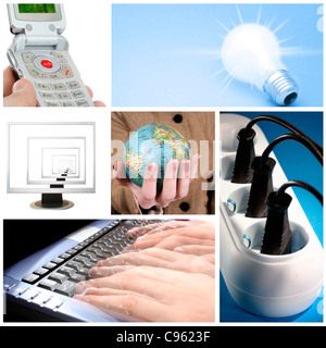 Technik Collage: Glühbirne, Tastatur, Steckdose, Handy, Computer Monitor und Welt Globus. Stockfoto