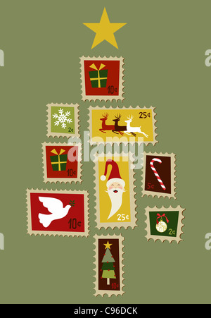 Weihnachten Baum aus bunten Weihnachtsmarken mit einem gelben Stern auf der Spitze auf grauem Hintergrund. Vektor-Datei zur Verfügung. Stockfoto