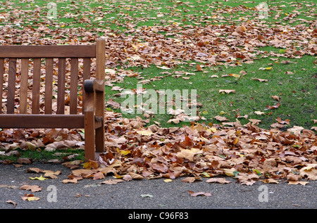 Bestandteil einer leere Holzbank unter Laub in einem Park an einem dumpfen Herbsttag Stockfoto