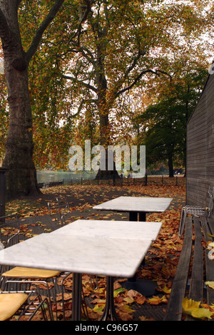 eine herbstliche Szene mit leeren Tabellen, Bank und Stühle unter Laub mit Bäumen im Hintergrund Stockfoto