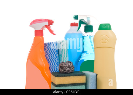 verschiedene Arten von Produkten, die Reinigung auf weißem Hintergrund Stockfoto