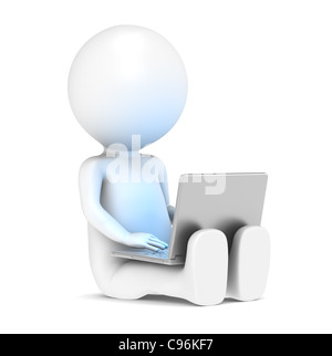 3D wenig menschlicher Charakter mit sitzen auf dem Boden mit einem Laptop. Erhellende Bluescreen. Stockfoto