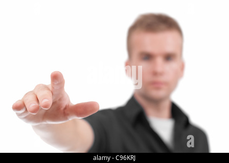 Männliches Modell hält so etwas in der hand. Menschen und Dinge in unterschiedlichen Lebenssituationen. Stockfoto