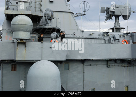 Brücke der Russischen Raketenkreuzer Varyag, festgemacht am Canada Place. 35 Jahre, da eine russische Marinebehälter Vancouver besucht hat. Stockfoto