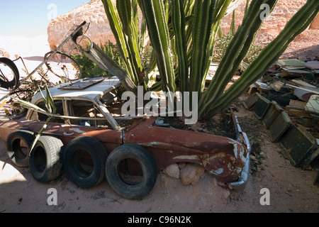 Kakteen wachsen aus einem Autowrack in der skurrilen Wüste Garten Crocodile Harry.  Coober Pedy, Südaustralien, Australien Stockfoto