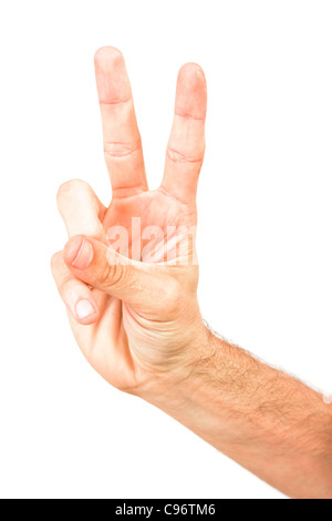 Hand des Menschen bilden Victory-Zeichen durch die Daumen, gewinnen-männlich-Modell hand isolierten auf weißen Hintergrund - leeren Raum für text Stockfoto