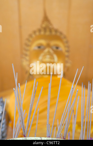 Nahaufnahme von Räucherstäbchen mit einer Buddha-Statue hinter Phra Yot Tempel, Huay Yot, Thailand Stockfoto