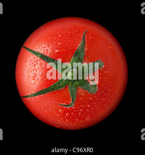 Schöne frische rote Tomate mit Tau auf einem schwarzen Hintergrund. Ausschnitt Stockfoto