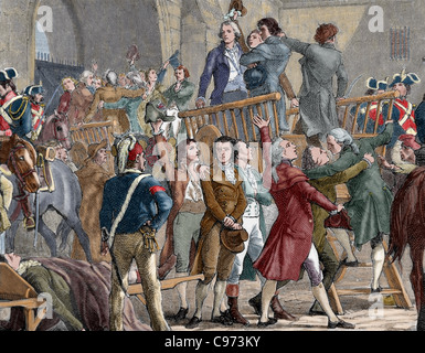 Französische Revolution (1789). Die Girondisten aus dem Gefängnis, an den Galgen zu gehen. Farbige Gravur. Stockfoto