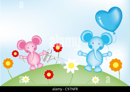 Glückliche Elefanten im Garten mit Ballon und Blumen - Illustration für Kinder Stockfoto