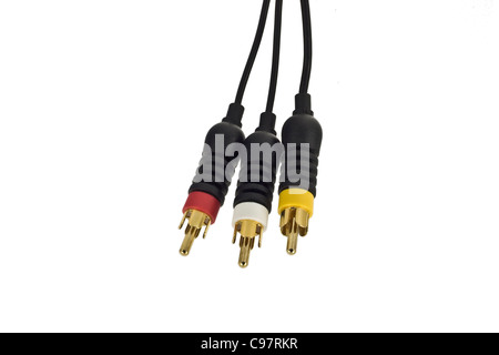 Cinch Audio/Video-Kabel mit Gold plattiert Steckverbinder, Isolated On White Stockfoto