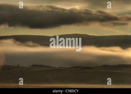 Launisch Highveld Landschaft mit tief liegenden Wolken und Ferne Bergketten Stockfoto