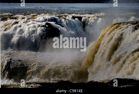 DER FLUSS IGUAZU IN VOLLER FLUT STÜRZT AUF DER ARGENTINISCHEN SEITE DER IGUAZU WASSERFÄLLE Stockfoto