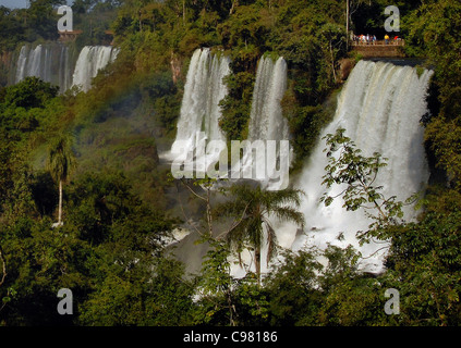 DER FLUSS IGUAZU IN VOLLER FLUT STÜRZT AUF DER ARGENTINISCHEN SEITE DER IGUAZU WASSERFÄLLE Stockfoto