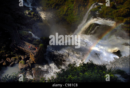 DER FLUSS IGUAZU IN VOLLER FLUT STÜRZT AUF DER ARGENTINISCHEN SEITE DER IGUAZU WASSERFÄLLE Stockfoto