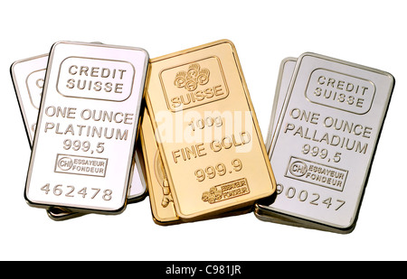 Gold, Platin und Palladium Barren 1oz Bars / Barren (vergoldete Repliken) Ausschnitt Stockfoto