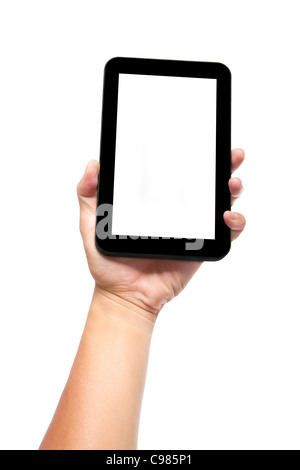 Hand mit Tablet-pc oder Smartphone isoliert auf weiss Stockfoto