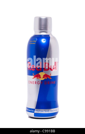 Eine Flasche Red Bull Energy Drink auf weißem Hintergrund Stockfoto