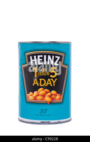 Eine Dose mit Heinz gebackene Bohnen in Tomatensauce auf weißem Hintergrund Stockfoto