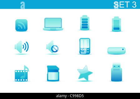 Satz von blauen elegant einfache Symbole für gemeinsame Computer und Media-Geräte-Funktionen. Set-3 Stockfoto