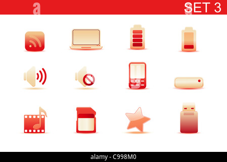 Satz von roten elegant einfache Symbole für gemeinsame Computer und Media-Geräte-Funktionen. Set-3 Stockfoto
