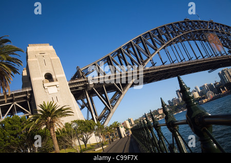 Blick auf die Sydney Harbour Bridge von Dawes Point. The Rocks, Sydney, New South Wales, Australien Stockfoto