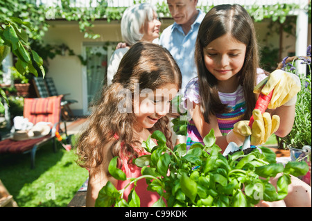 Deutschland, Bayern, Familie im Garten zusammen, Lächeln Stockfoto