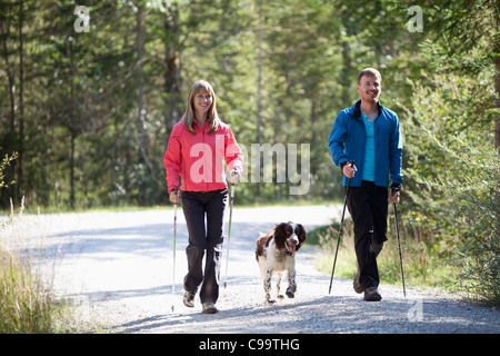 Deutschland, Bayern, paar beim Nordic walk mit englischen Springer spaniel Stockfoto