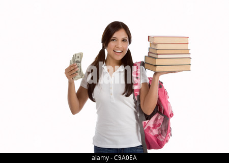 Ethnische Hispanic College Student hält 100 (einhundert) Dollarnoten glücklich Hilfe Geld Subventionen kostenintensive Universität Stockfoto