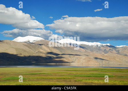 Schnee verkleidet Himalaya-Gebirge im Hintergrund der Tsomoriri oder See Moriri, riesige weiße Wolken über dem Berg, grün f Stockfoto