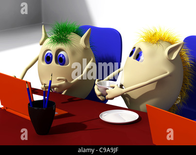 Zwei Marionetten Erörterung plötzlichen Situation hinter orange laptop Stockfoto