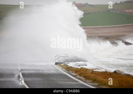 Nach zwei Tagen Sturm Südwinde Kraft des Meeres wurde gepeitscht bis und zerschlagen die Orkney Festlandsküste, Stockfoto