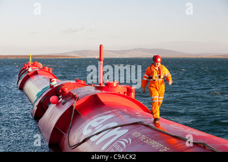 Ein Pelamis P2 Welle Energie Generator auf die Docks am Lyness auf Hoy, Orkney Inseln, Schottland, Vereinigtes Königreich. Stockfoto