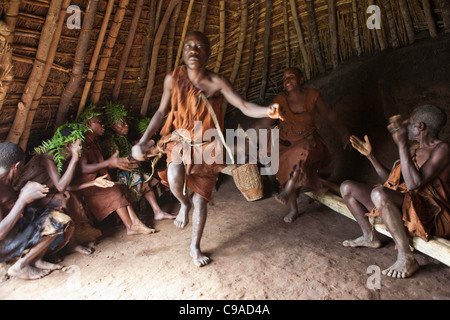 Tanz und Musik als eine Geschichte in Mukuno Dorf, traditionelle Batwa indigener Stamm aus den Bwindi Impenetrable Forest in Uganda. Stockfoto
