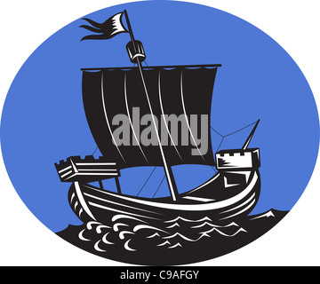 Illustration einer Galeone Großsegler Segeln am Meer in ein Oval in Retro-Holzschnitt Stil getan. Stockfoto